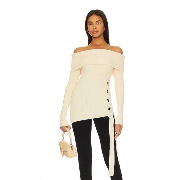 Revolve Camila Coelho Ribbed Off Shoulder Fitted Top Y2K XS Cream Ivory      Dd - Picture 1 of 9